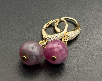 Boucles d'oreilles en agate violette naturelle, acier inoxydable doré, zirconiums, cadeau femme, pierres naturelles
