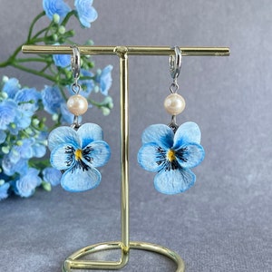 Blue violets  polymer clay earrings, Flower jewelry, polymer clay earrings,  Blue long Dangle earrings, blue jewelry