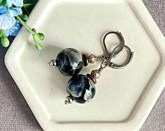 Blue black lampwork glass earrings Minimalist glass earrings Christmas Gift for here, Statement earrings, modern jewelry