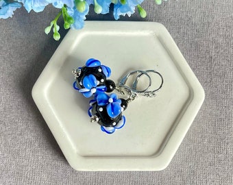 Blue flower lampwork glass earrings, floral chic handmade earrings, romantic women gift jewelry, glamours summer earrings