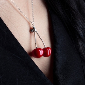 Silver sterling glass cherries necklace, Sterling silver, glass berries pendant, Cherry Jewelry, Lampwork cherry pendant, Summer Trends