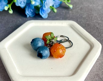 Cloudberry and Blueberries clay Earrings, Yellow and blue berries, fresh berry, summer earrings, Berry Fruit, handmade food earrings