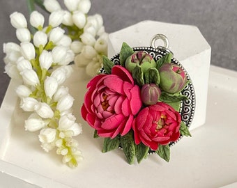 Beauty red peonies Pendant - Handcrafted Floral Elegance jewelry - wedding jewellery - Spring flower pendant