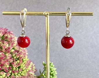 Red  blown glass earrings, Red dangle earrings, Christmas red statement earrings for women