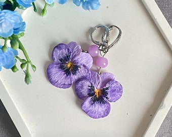 Purple violet flower polymer clay earrings, Flower jewelry, polymer clay earrings,  Blue long Dangle earrings, violet jewelry