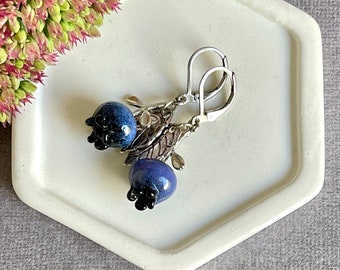 Blueberries lampwork glass earrings, Bilberry glass berries, Handmade jewerly for girl Fruit in jewelry  Blueberries earrings Summer jewelry