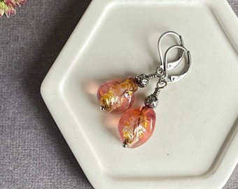 Pink gold lampwork glass earrings , Bohemian Earrings, Unique Romantic Gift for her