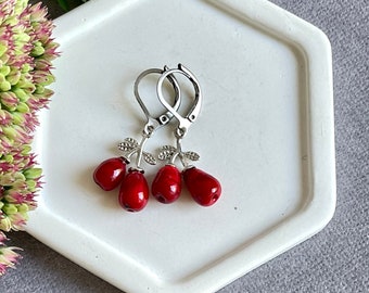 Barberry berries lampwork glass handmade earrings, Fruit berries jewelry, christmas gift for girl