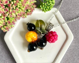Black currant, gooseberries ,raspberries and yellow cloudberries pendant, Summer berry fruit jewelry, christmas gift for women