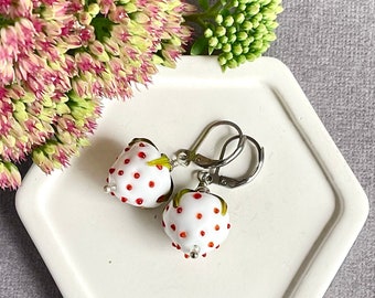 White lampwork strawberry earrings Glass berries handmade jewelry White strawberry Smail girl gift Glass fruit jewelry