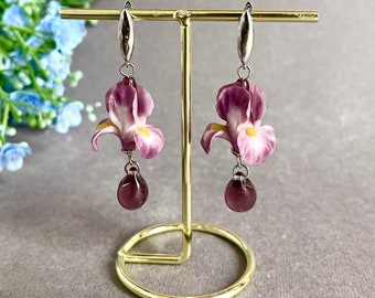 Purple iris flower polymer clay earrings, Flower jewelry, polymer clay earrings,  Purple long Dangle earrings, Iris jewelry