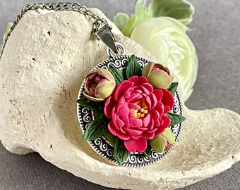 Beauty red peonies Pendant - Handcrafted Floral Elegance jewelry - wedding jewellery - Spring flower pendant