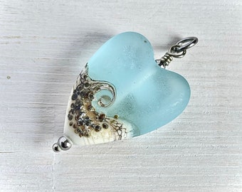 Lampwork Sea Glass heart necklace, Wave Necklace, Ocean Necklace, Beach Necklace Jewelry, Beach Wedding Jewelry, Christmas Gift