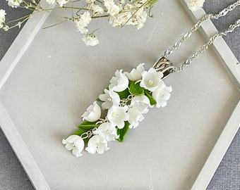 Lily of the Valley Polymer Clay Pendant, Floral Wedding Jewelry