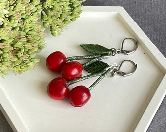 Lampwork cherry berry fruit summer earrings, Garden boho women gift, nature cherry jewellery, cherry brand, cherry glass, Summer Trends