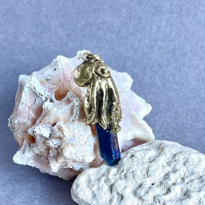 Brass Octopus Necklace with Quartz Crystal pendant, Tentacle Wrapping Necklace, Brass Charm Crystal Quartz  Jewelry, Statement Necklace