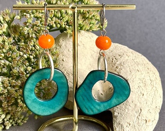 Boucles d'oreilles orange turquoise de forme libre, cadeau de Noël pour femme, boucles d'oreilles tendance, boucles d'oreilles de fête