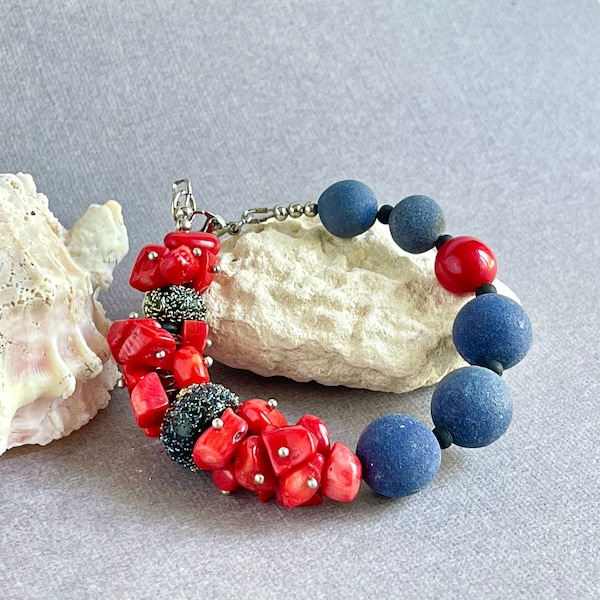 Red blue coral bracelet for women, Blue stone jewelry, Artisan handmade jewelry, sea marin jewelry, Christmas women gift