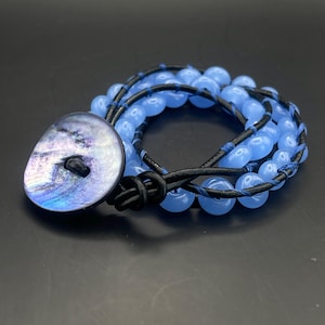 Handmade Blue Lampwork wrap bracelet -2x Wrap Boho Leather brcelet - Nacre Button closure + Ethnic Jewelry Gift for Women