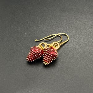 Red Strawberry handmade gold earrings, Fruit berries jewelry, christmas gift for girl