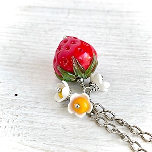 Glass Strawberries Necklace, glass fruit charm, lampwork glass jewelry, glass art gift, Glass Berries, Red minimalist pendant