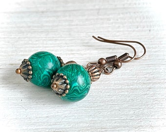 Green malachite copper earrings, Tribal Gypsy earrings, Bohemian boho Earrings, copper green dangles earrings, Christmas gift, stone jewelry