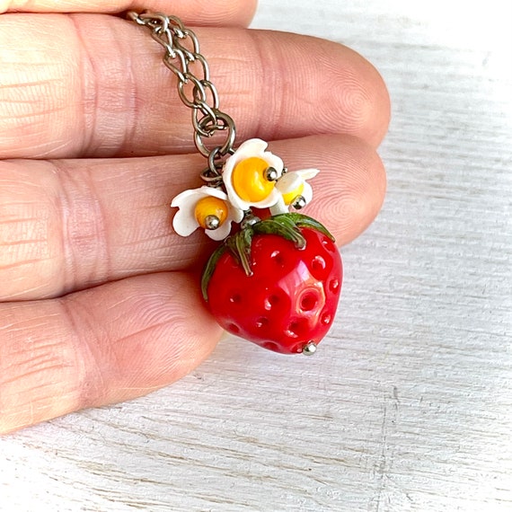 Red Garden Strawberry Pendant With Gold or Green Leaf -   Handmade  lampwork glass, Strawberry garden, Strawberry charm