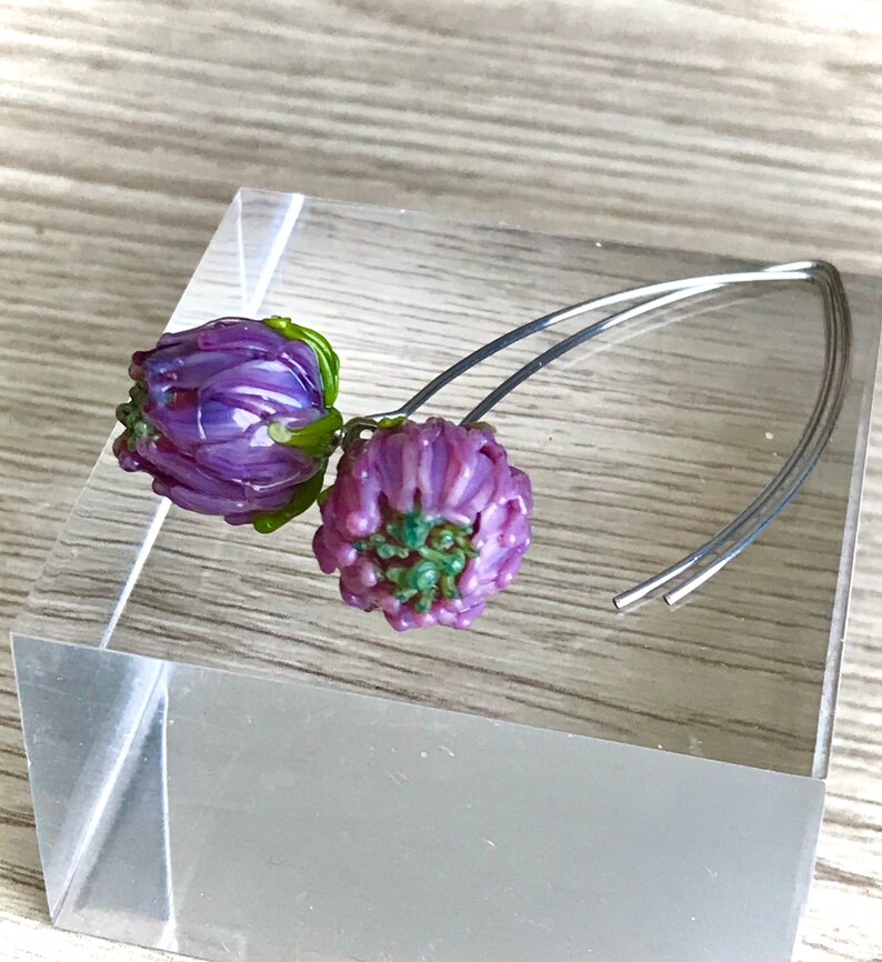 rustic wedding pink purple floral murano jewelry botanical christmas gift Flower lampwork glass earrings