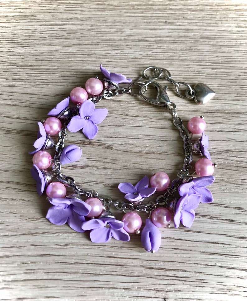 Purple violet flowers polymer clay bracelet mauve flowers | Etsy