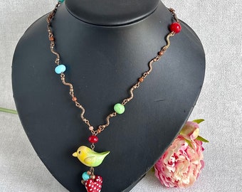 Polymer clay rustic bird and glass heart necklace for girl - Hand Crafted OOAK  jewelry