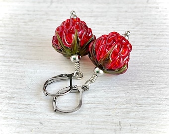 Red Raspberry Lampwork Glass Earrings, Murano Handmade Berries Fruit jewelry, Gift for girl