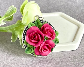 Beauty white red rose Pendant - Handcrafted Floral Elegance jewelry - wedding jewellery - Spring flower pendant