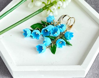 Blue Wedding jewelry, Lily flower gold color earrings, Dainty earrings, Lily of the valley Spring Jewelry, Floral earring Minimalist jewelry