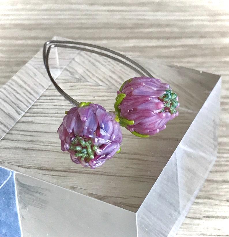 rustic wedding pink purple floral murano jewelry botanical christmas gift Flower lampwork glass earrings