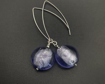 Brincos de vidro soprado, brincos artesanais com contas de vidro azul, joias artesanais