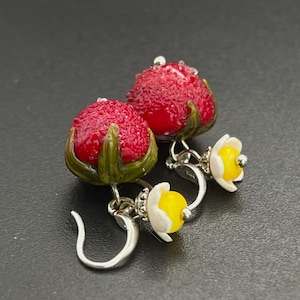 Red Strawberry and white flower lampwork glass handmade earrings, Fruit food berries jewelry, christmas gift for girl