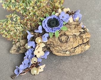 Purple flowers anemon polymer clay bracelet, flowers jewelry, copper bracelet, charm bracelet, summer bracelet,  women gift