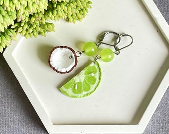 Lime and coconut earrings, lime slice earrings, lime dangle jewelry, lime slice coconut jewelry, Fruit earrings, Lime Statement jewelry