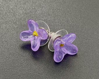 Lilac glass flower stud steel earrings, Dainty earrings, Purple Lilac Spring Jewelry, Floral stud earring, Minimalist jewelry