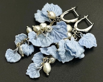 Handgemachte Blaue Hortensie Ohrringe: Polymer Clay Blumen Schmuck