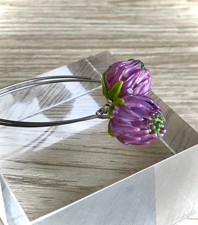 rustic wedding pink purple floral murano jewelry botanical christmas gift Flower lampwork glass earrings