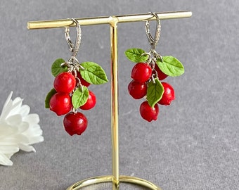 Red berries handmade earrings, Fruit berries jewelry, Christmas  girl gift, red berry jewelry, Festive Fruit Jewelry for a Cheerful Holiday