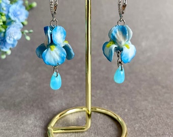 Blue iris flower polymer clay earrings, Flower jewelry, polymer clay earrings,  Blue long Dangle earrings, Iris jewelry