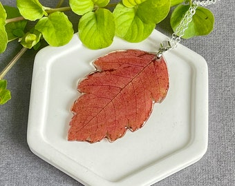 Red orange real dried leaf pendant, botanical eco nature resin jewelry, boho style women gift