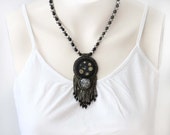 Perlenarbeiten schwarz silber Steampunk-Harz-Halskette, Samen, Perlen Schmuck, Perlen Kunst Halskette, Kunstharz Cabochon, Perlenarbeiten Schwarz Achat Anhänger