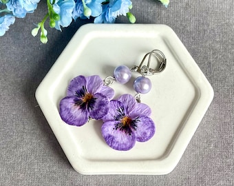 Handmade Purple Violet Flower Earrings, Polymer Clay Dangles