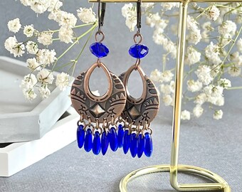 Blue long copper earrings, copper jewelry, Tribal earrings, blue chandelier earrings, Christmas gift for women