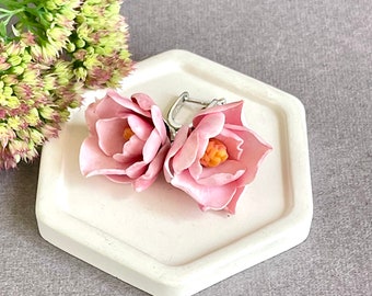 Handcrafted Pink Magnolia Earrings: Polymer Clay Floral Dangles