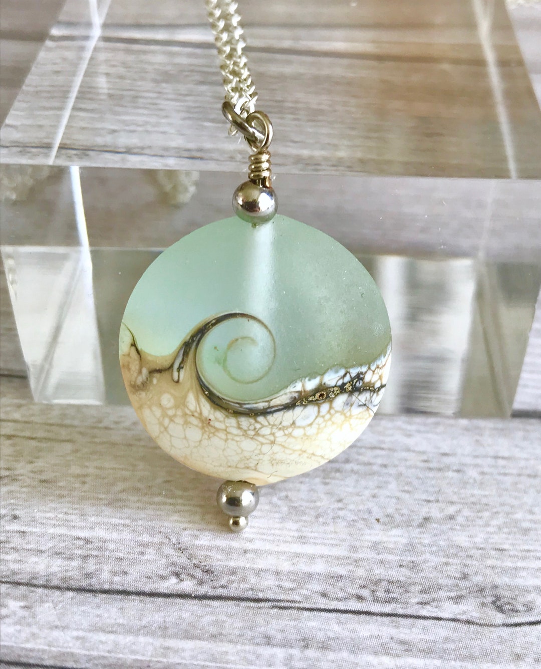 Lampwork Sea Glass Necklace, Wave Necklace, Ocean Necklace, Beach