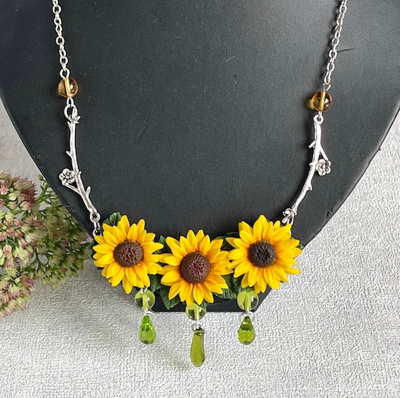 Sunflower Necklace, Yellow Sunflower, Flower Handmade Polymer Clay